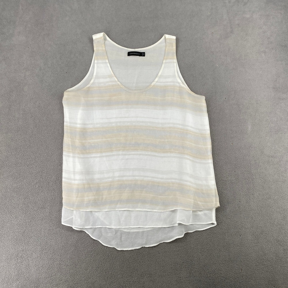 Calvin Klein Jeans Womens XS Striped Layered Tank Top White Beige Scoop Neck